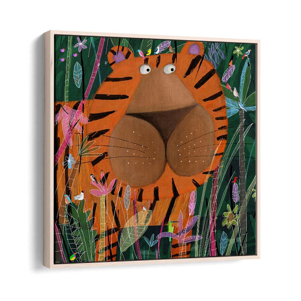 Cute Tiger Peeking Out of the Jungle By Carla Daly Kids Painting in Oak Wood Floater Frame