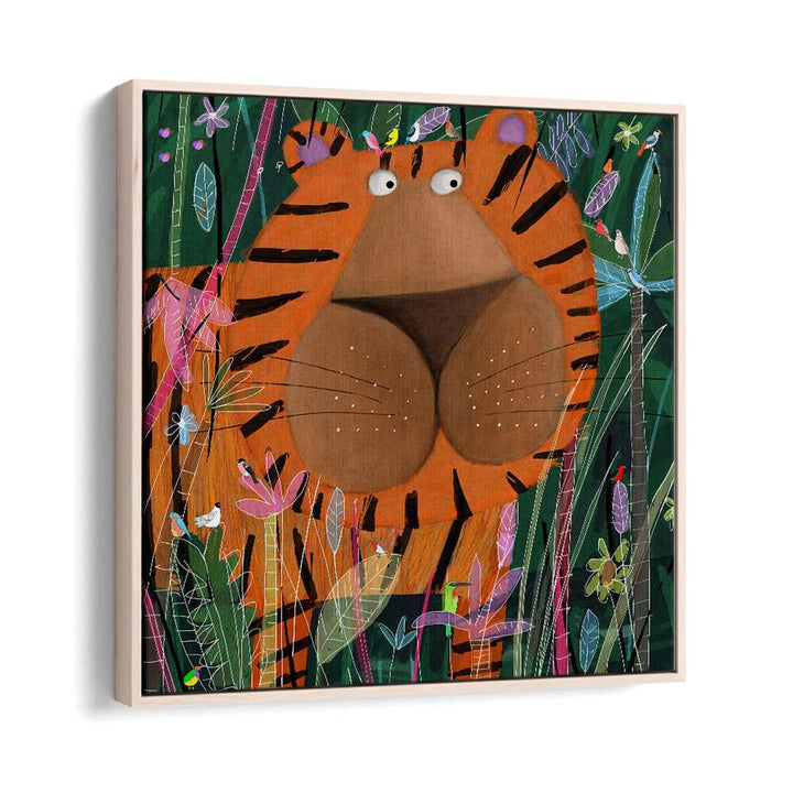 Cute Tiger Peeking Out of the Jungle By Carla Daly Kids Painting in Oak Wood Floater Frame