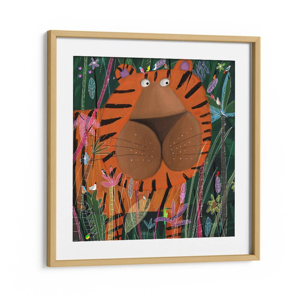 Cute Tiger Peeking Out of the Jungle By Carla Daly Kids Painting in Oak Wood Frame With Mount