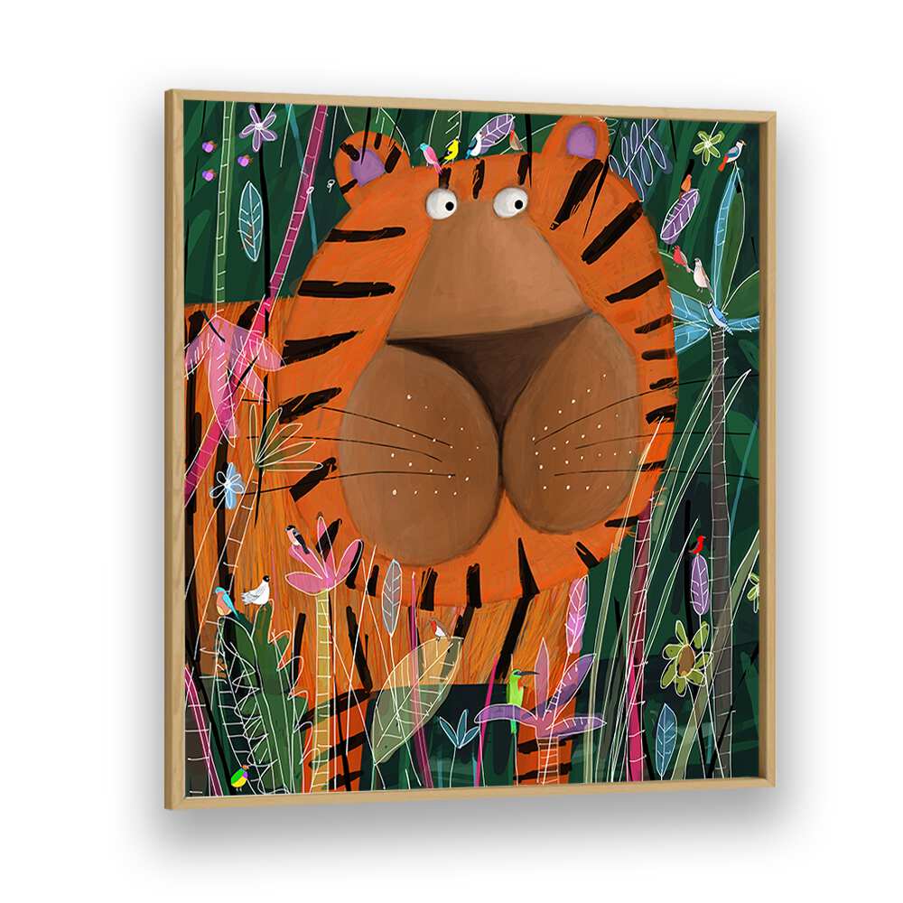 Cute Tiger Peeking Out of the Jungle By Carla Daly Kids Painting in Oak Wood Plain Frame