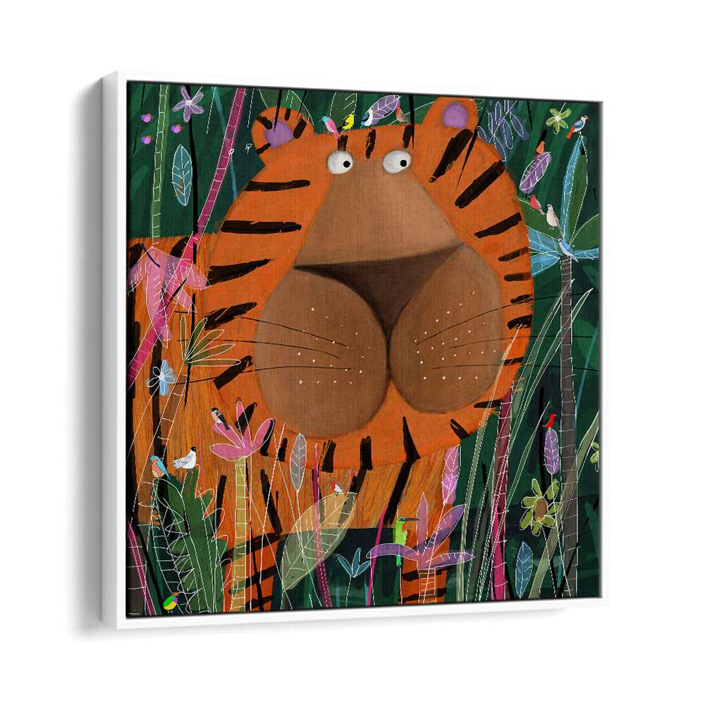 Cute Tiger Peeking Out of the Jungle By Carla Daly Kids Painting in White Floater Frame