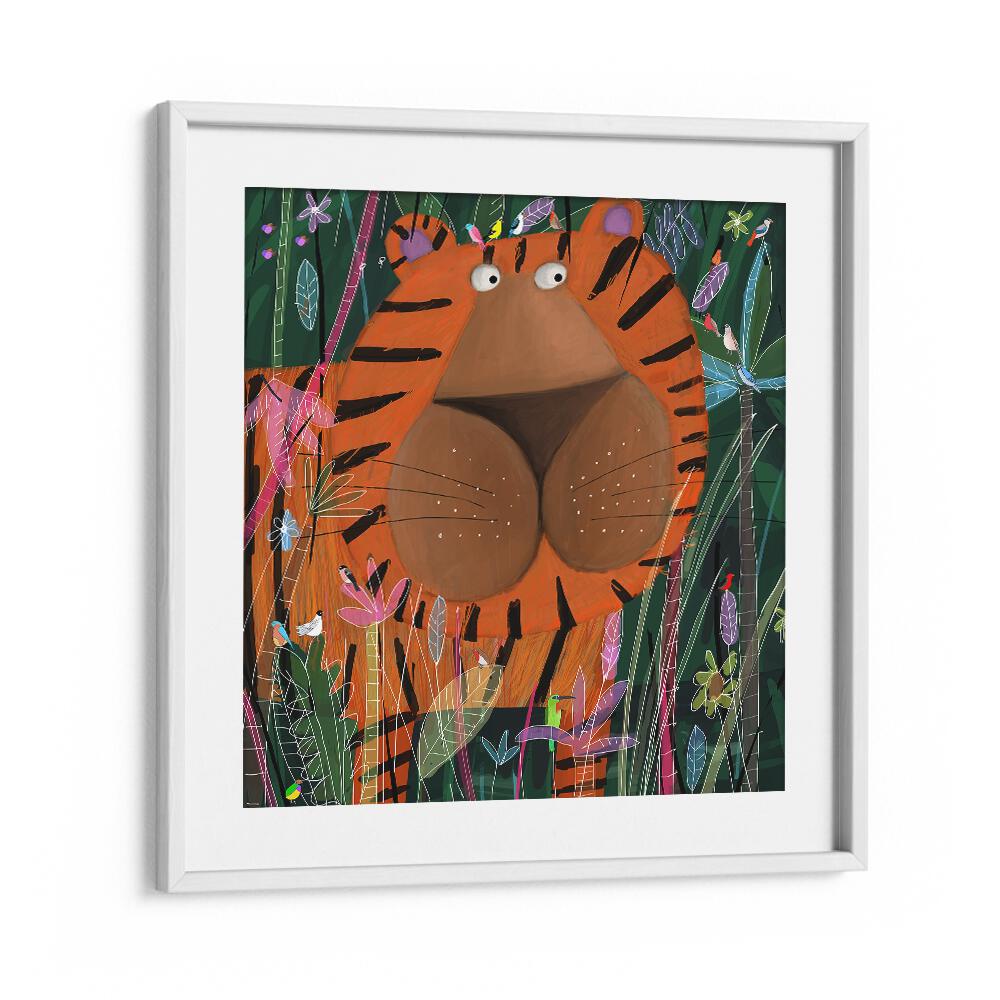 Cute Tiger Peeking Out of the Jungle By Carla Daly Kids Painting in White Frame With Mount