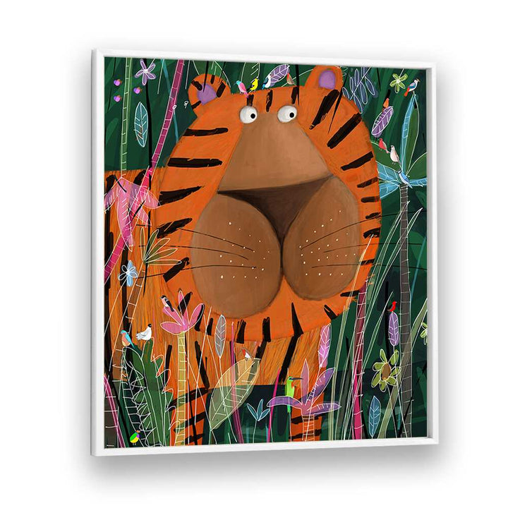 Cute Tiger Peeking Out of the Jungle By Carla Daly Kids Painting in White Plain Frame