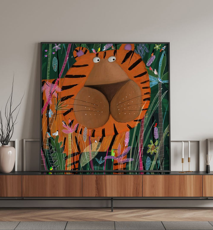 Cute Tiger Peeking Out of the Jungle By Carla Daly Kids Painting s placed on a wall