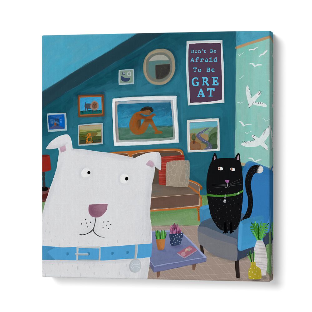 Cute White Dog With Black Cat In Designer Interior By Carla Daly Kids Painting in Gallery Wrap