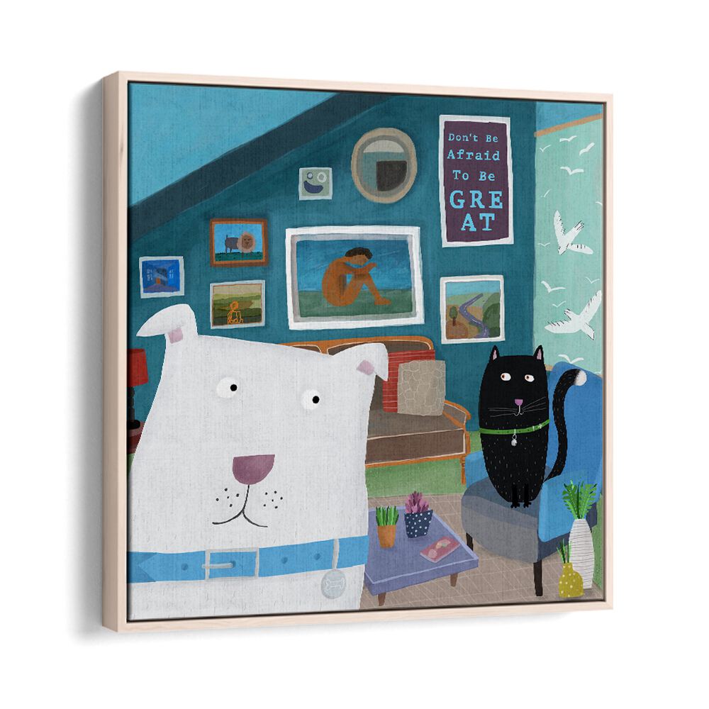 Cute White Dog With Black Cat In Designer Interior By Carla Daly Kids Painting in Oak Wood Floater Frame