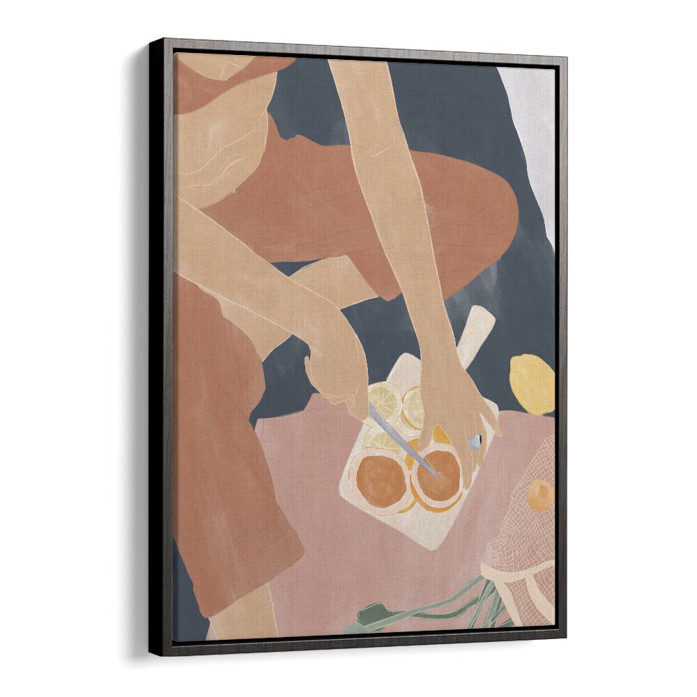 Cutting Grapefruits By Ivy Green Women Illustration Paintings in Black Floater Frame