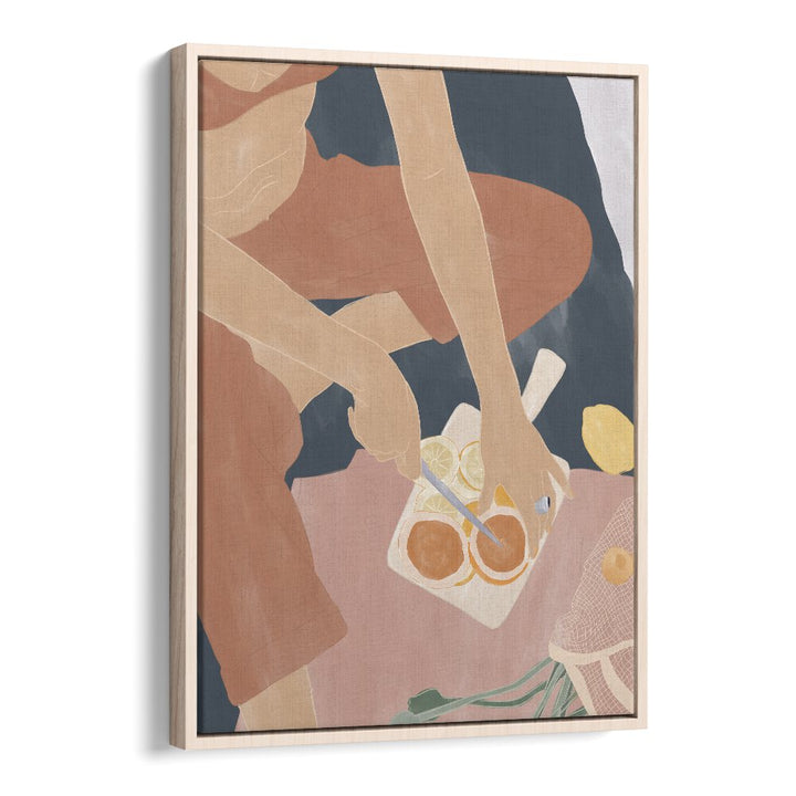 Cutting Grapefruits By Ivy Green Women Illustration Paintings in Oak Wood Floater Frame