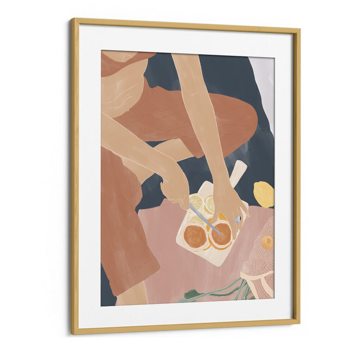 Cutting Grapefruits By Ivy Green Women Illustration Paintings in Oak Wood Frame With Mount