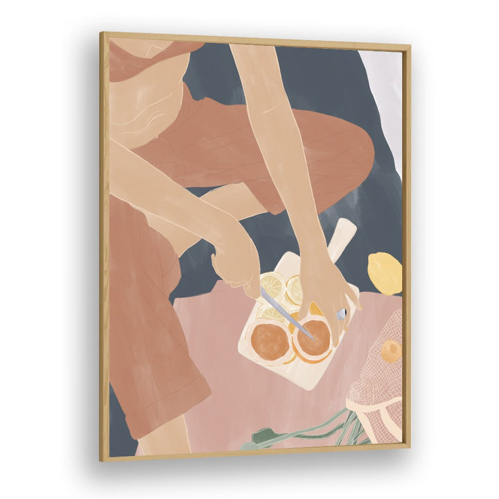 Cutting Grapefruits By Ivy Green Women Illustration Paintings in Oak Wood Plain Frame