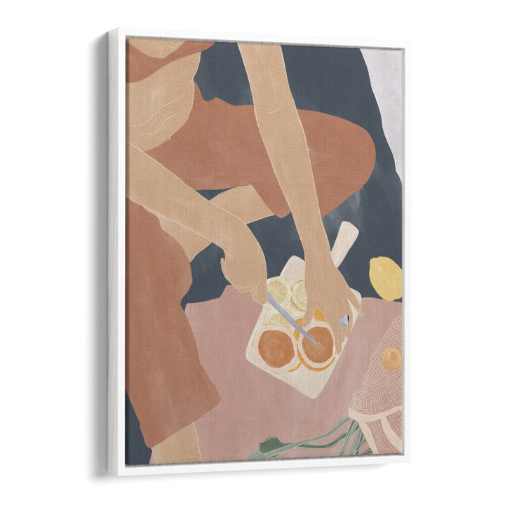 Cutting Grapefruits By Ivy Green Women Illustration Paintings in White Floater Frame