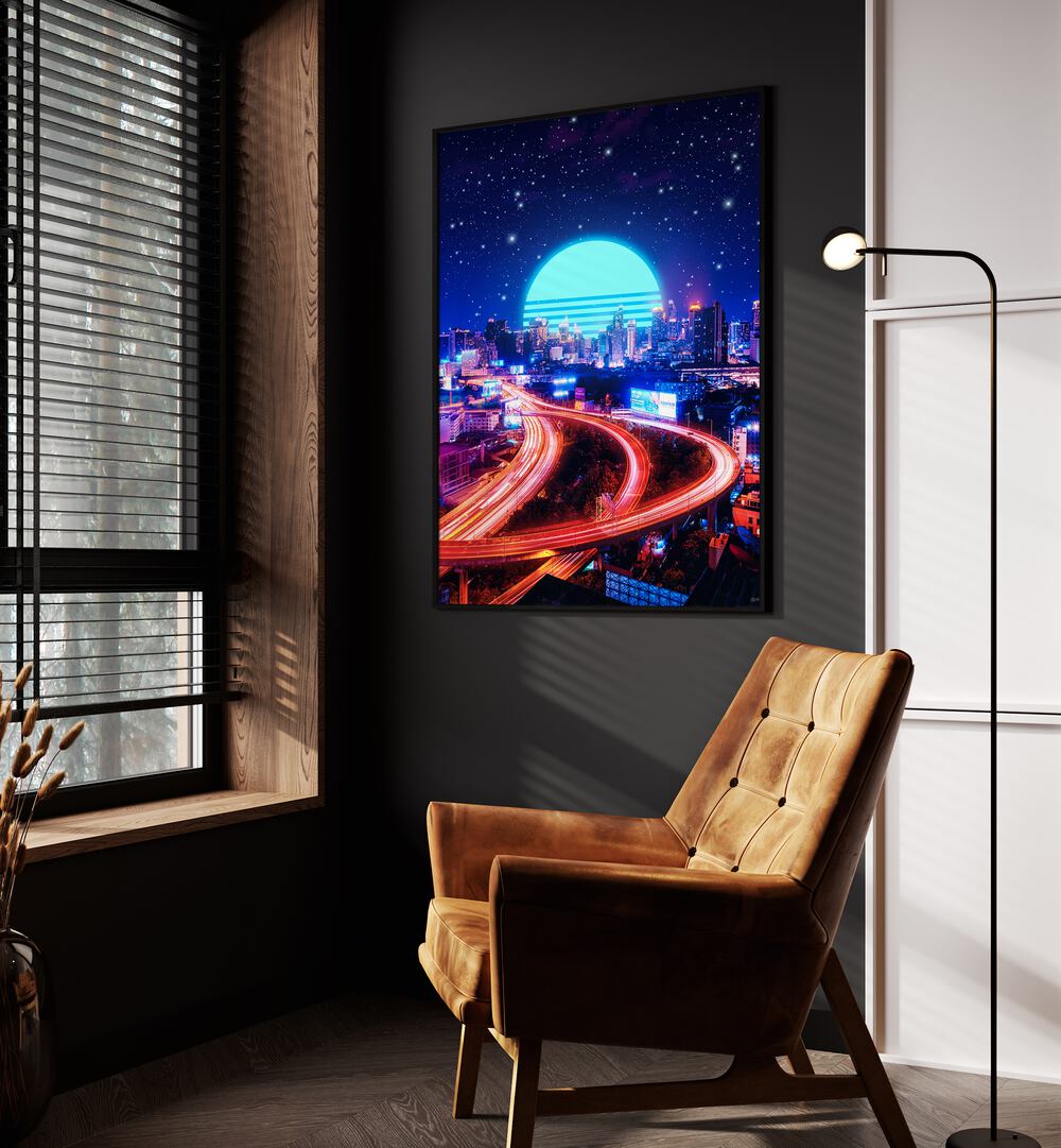 Cyber Bangkok By Ritvik Takkar Surrealism in Black Plain Frame placed on a Dark Grey Colored Wall in the Drawing Room