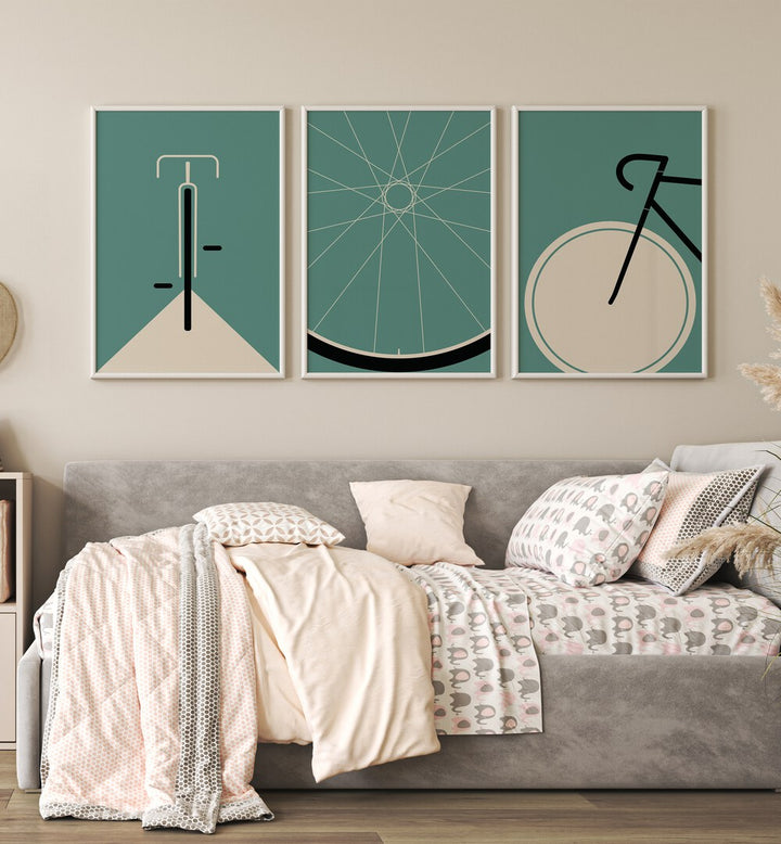 Cycle Set Set Of 3 Paintings in White Plain Frame placed on a living room wall behind a sofa