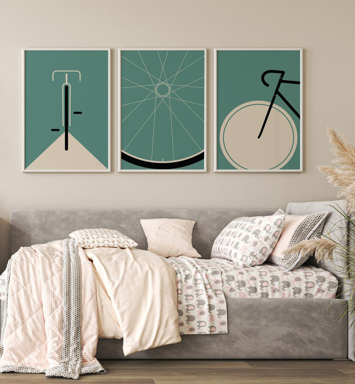 Cycle Set Set Of 3 Paintings in White Plain Frame placed on a living room wall behind a sofa