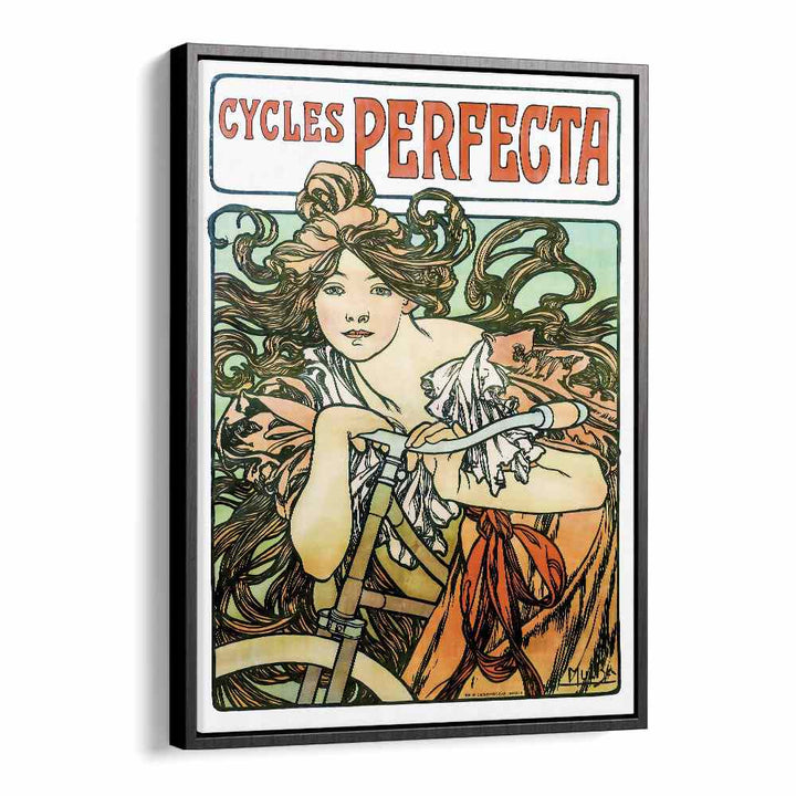 Cycles Perfecta-1902 By Alphonse Mucha Vintage Paintings in Black Floater Frame