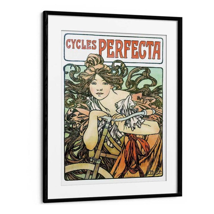 Cycles Perfecta-1902 By Alphonse Mucha Vintage Paintings in Black Frame With Mount