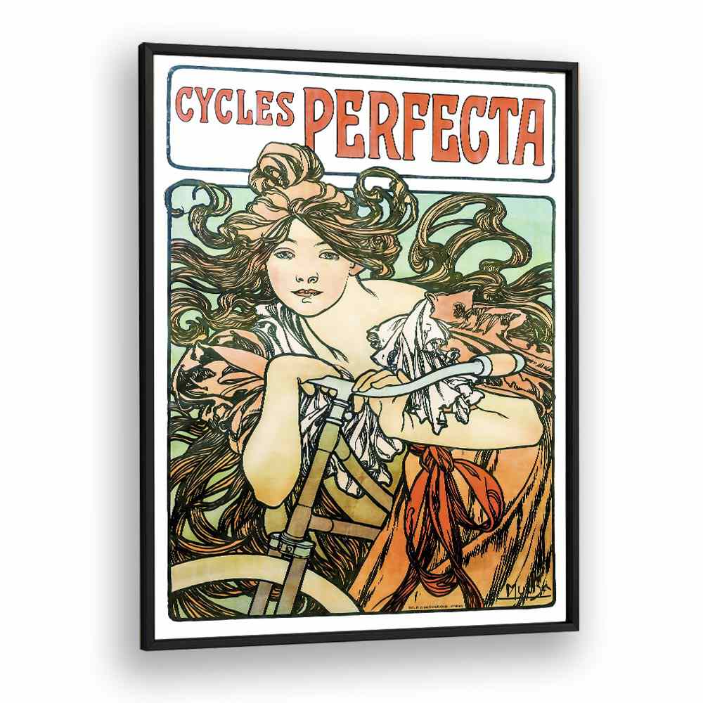 Cycles Perfecta-1902 By Alphonse Mucha Vintage Paintings in Black Plain Frame