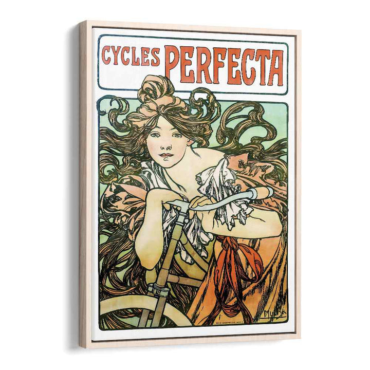 Cycles Perfecta-1902 By Alphonse Mucha Vintage Paintings in Oak Wood Floater Frame