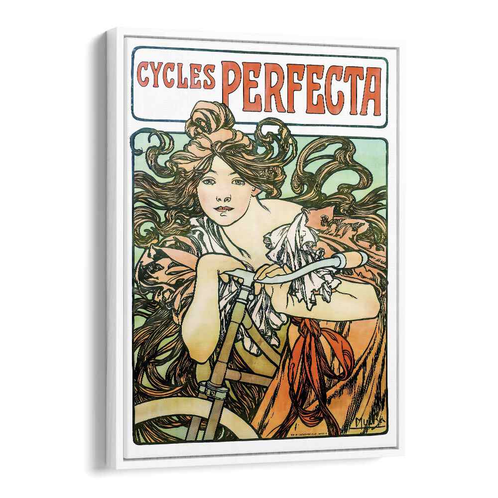 Cycles Perfecta-1902 By Alphonse Mucha Vintage Paintings in White Floater Frame