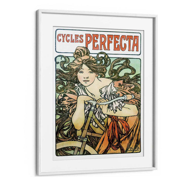 Cycles Perfecta-1902 By Alphonse Mucha Vintage Paintings in White Frame With Mount