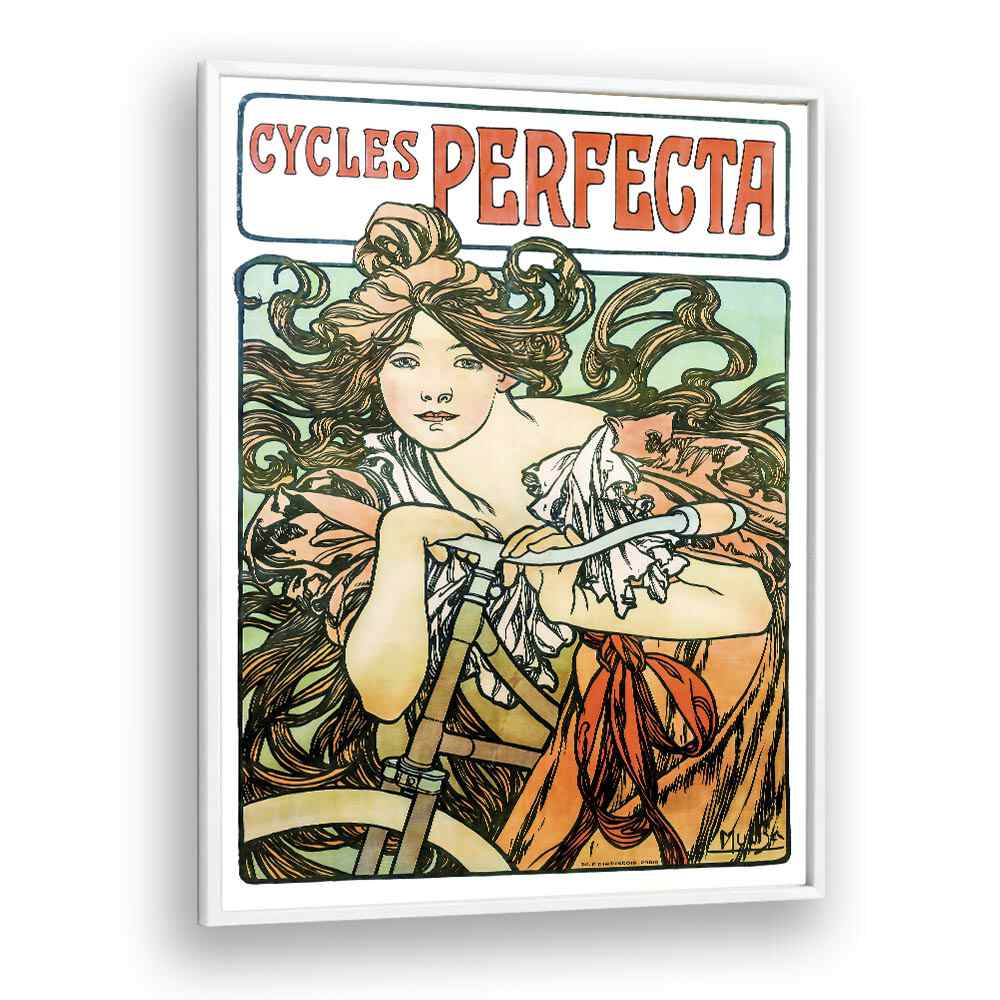 Cycles Perfecta-1902 By Alphonse Mucha Vintage Paintings in White Plain Frame