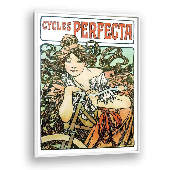 Cycles Perfecta-1902 By Alphonse Mucha Vintage Paintings in White Plain Frame