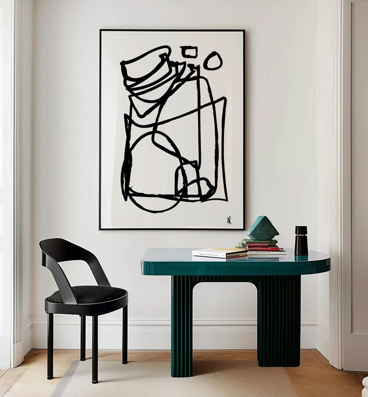 Cycling By Dan Hobday Abstract Art Abstract Paintings in Black Plain Frame placed on a Cream Colored Wall near a Workspace in the Drawing Room