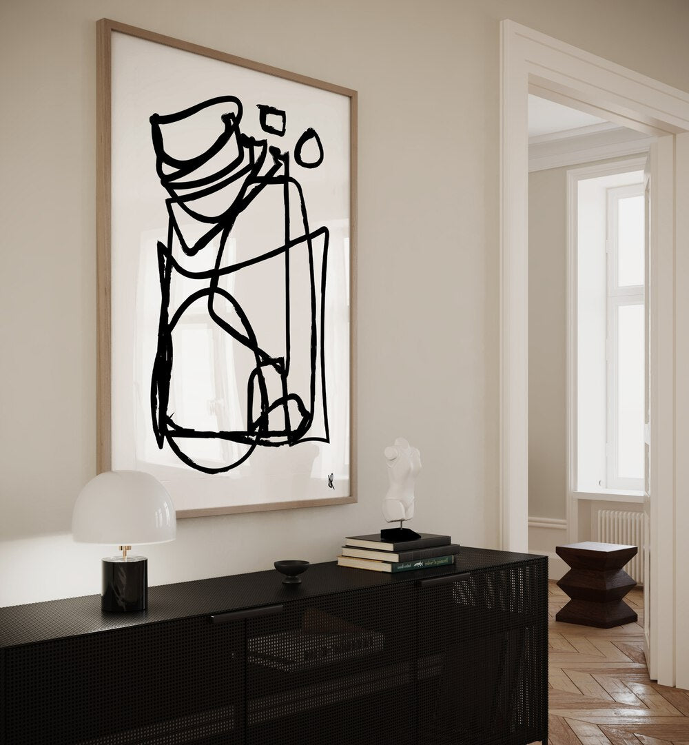 Cycling By Dan Hobday Abstract Art Abstract Paintings in Oak Wood Plain Frame placed on a Cream Colored Wall above a Console Table in the Alley Way