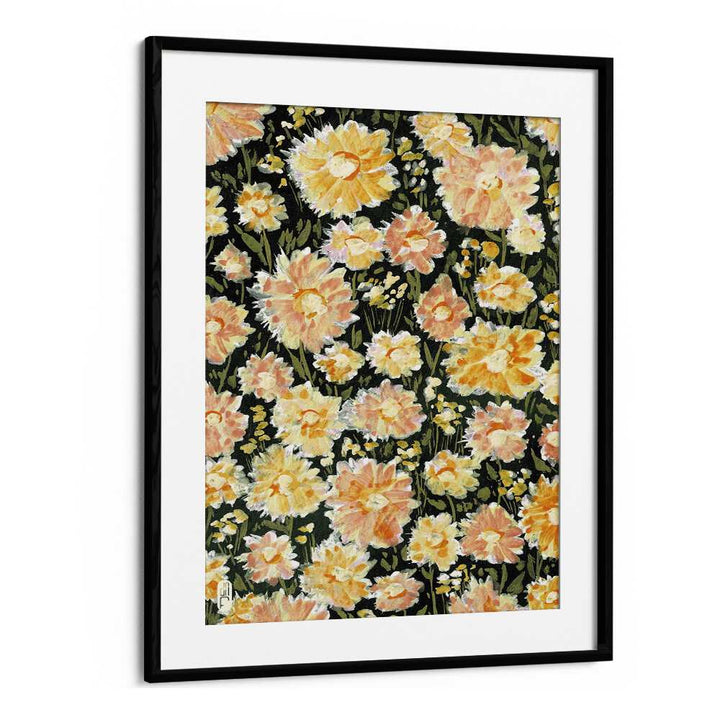 Daisies Botanical Flower Paintings Artwork  in Black Frame With Mount