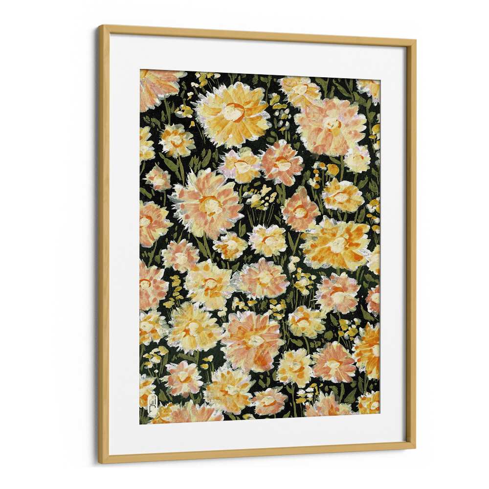 Daisies Botanical Flower Paintings Artwork in Oak Wood Frame With Mount