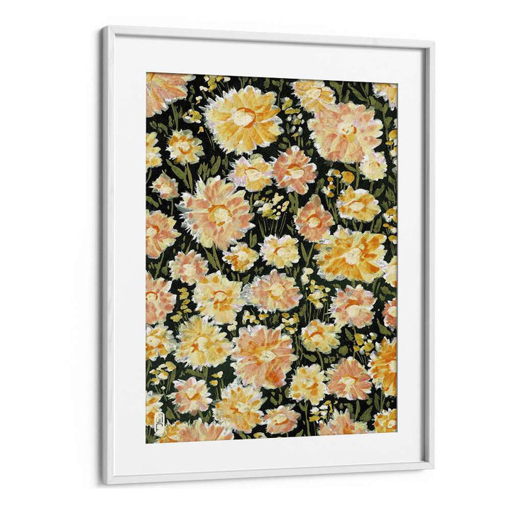 Daisies Botanical Flower Paintings Artwork  in White frame With Mount