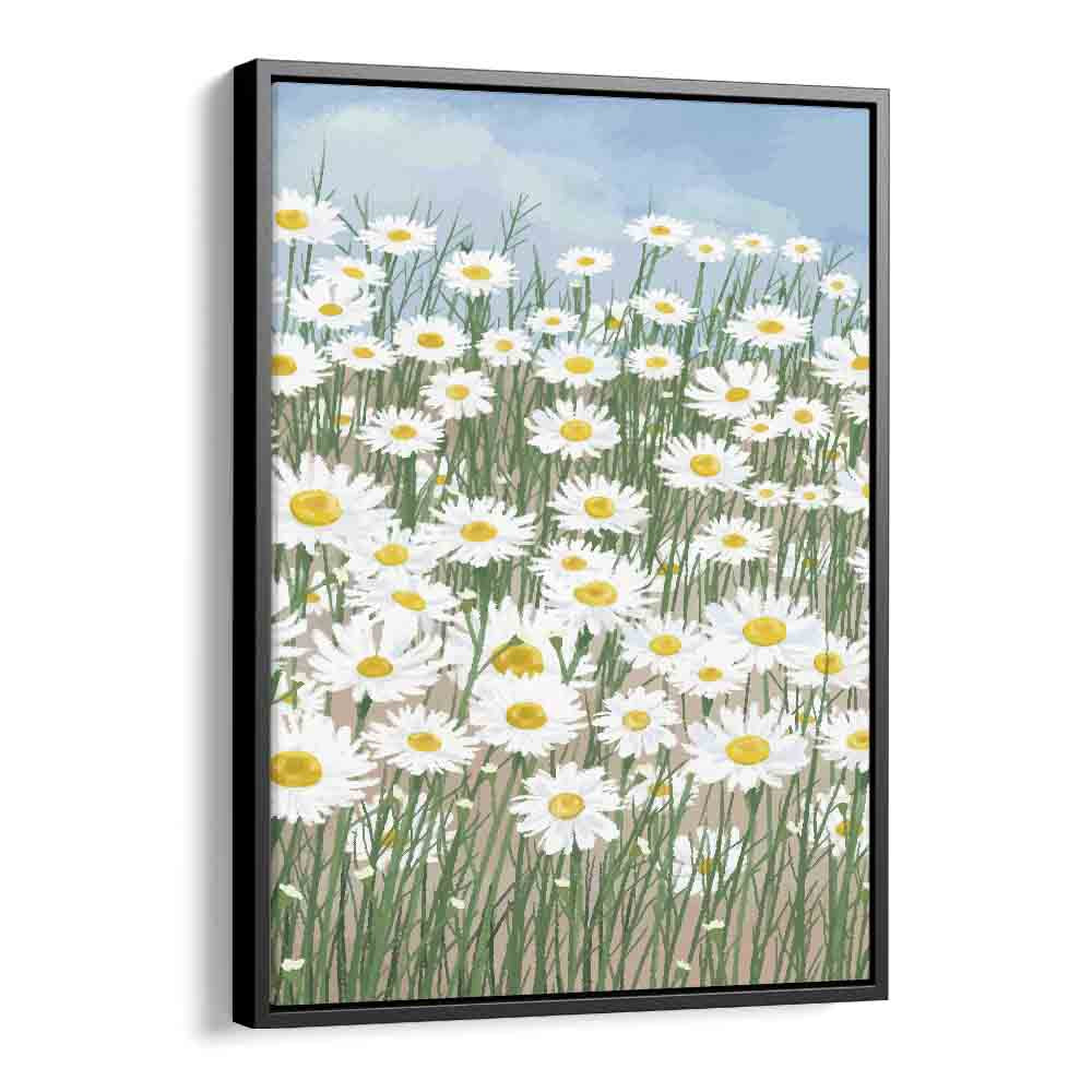 Daisies In The Sky   Botanical Flower Paintings Artwork  in Black Floater Frame