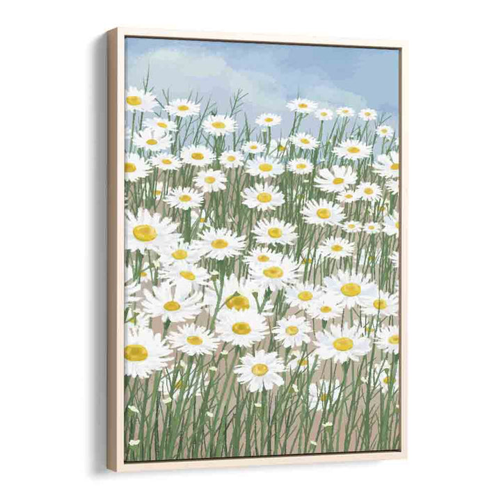 Daisies In The Sky  Botanical Flower Paintings Artwork in Oak Wood Floater Frame