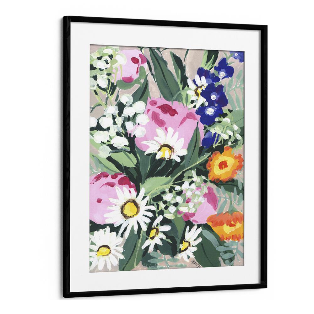 Daisies On Green Grass  By Ania Zwara Botanical Flower Paintings Artwork  in Black Frame With Mount