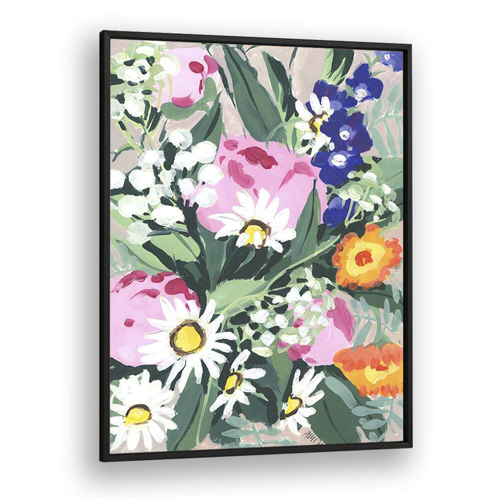 Daisies On Green Grass  By Ania Zwara Botanical Flower Paintings Artwork  in Black Plain Frame