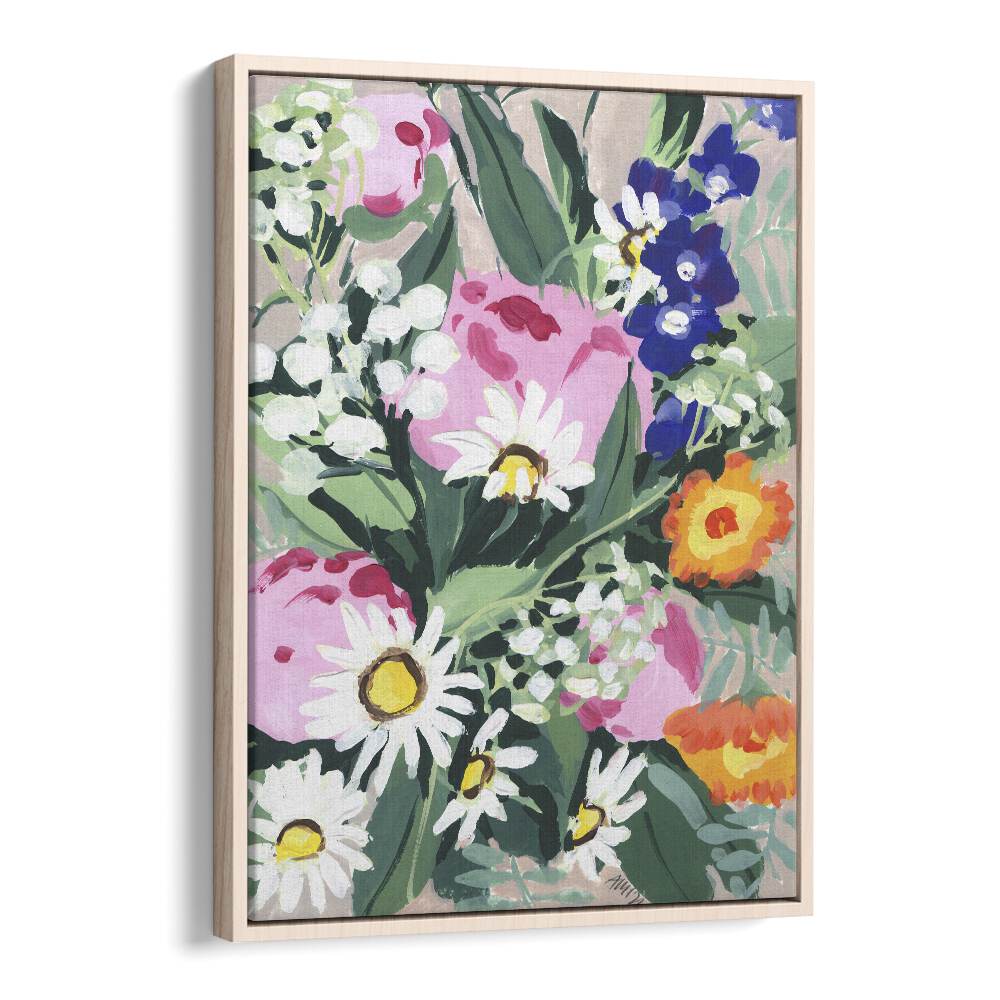 Daisies On Green Grass By Ania Zwara Botanical Flower Paintings Artwork in Oak Wood Floater Frame