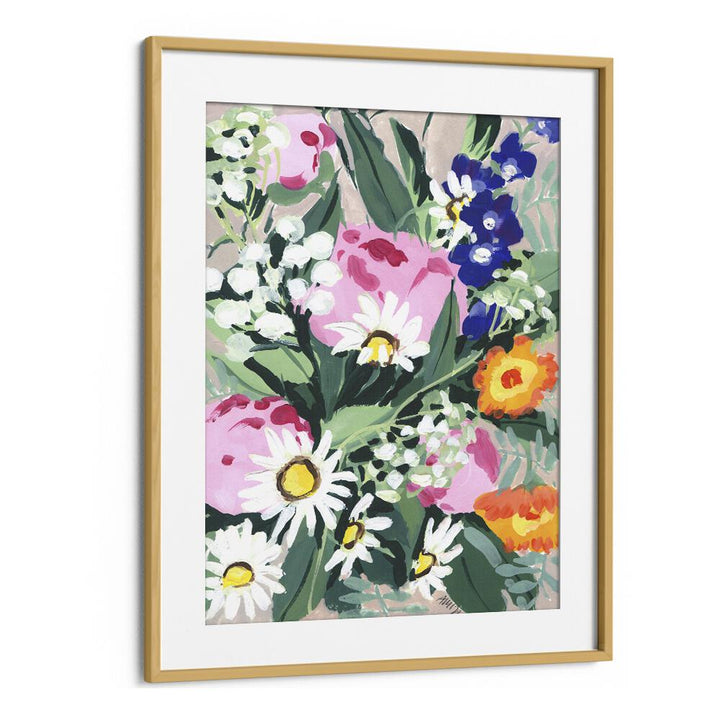 Daisies On Green Grass By Ania Zwara Botanical Flower Paintings Artwork in Oak Wood Frame With Mount