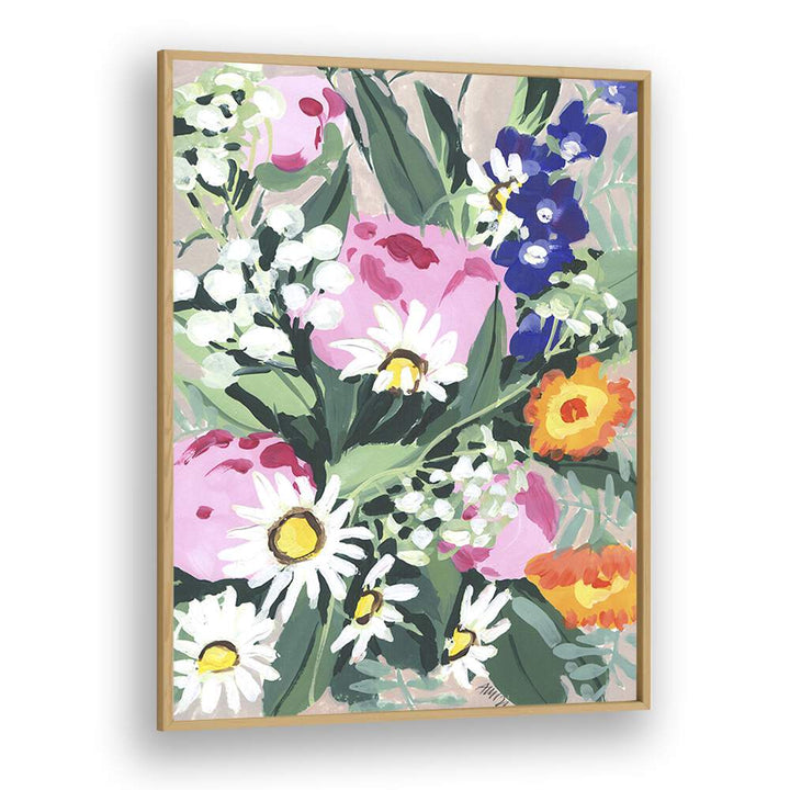 Daisies On Green Grass By Ania Zwara Botanical Flower Paintings Artwork in Oak Wood Plain Frame