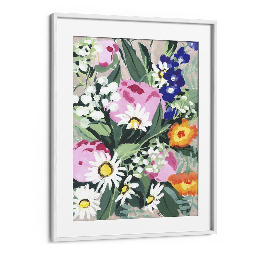 Daisies On Green Grass By Ania Zwara Botanical Flower Paintings Artwork  in White frame With Mount