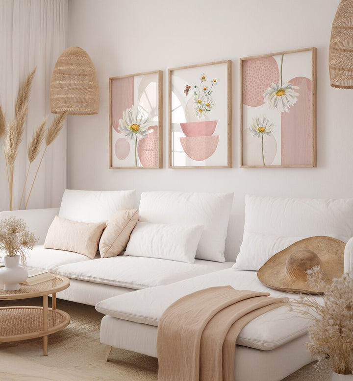 DAISIES ON PINK SET , SET OF 3 PAINTINGS
