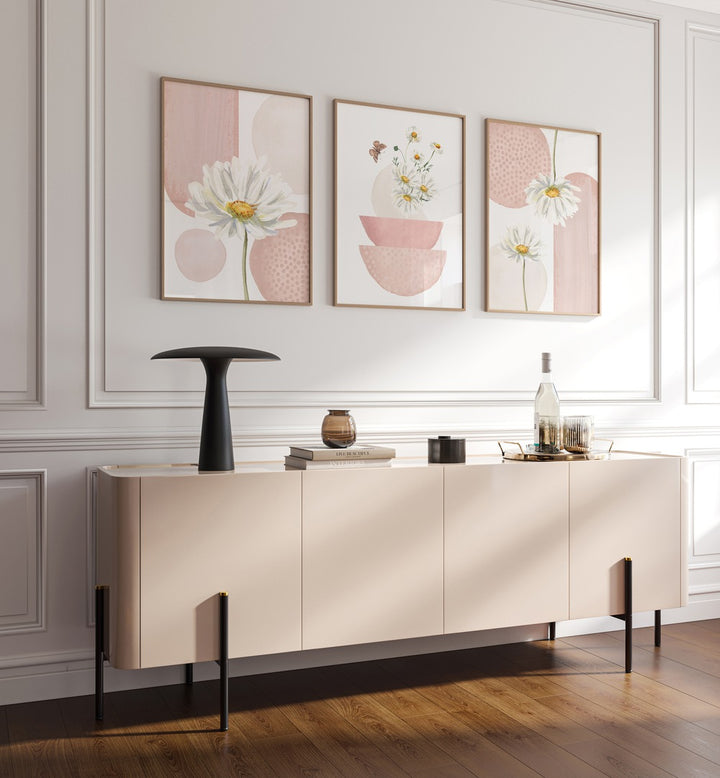 DAISIES ON PINK SET , SET OF 3 PAINTINGS
