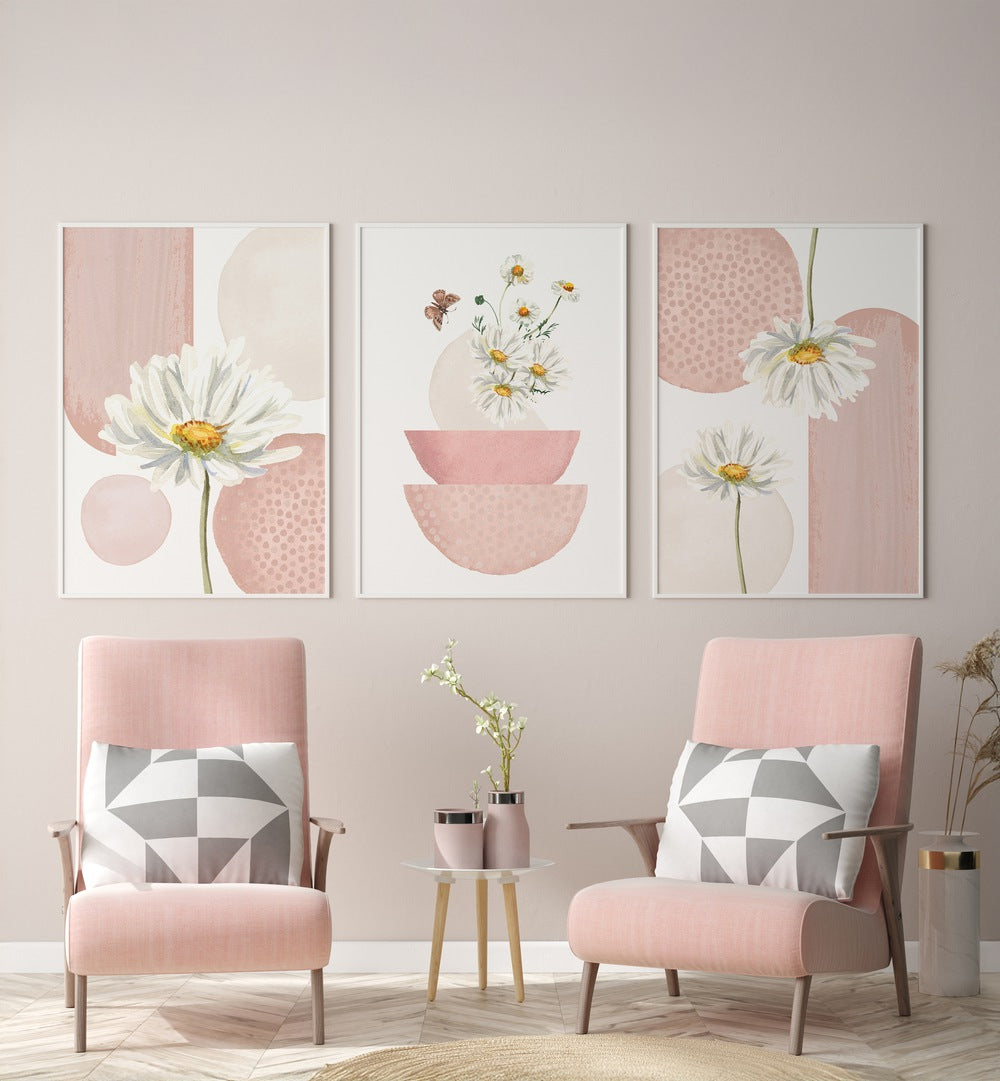 DAISIES ON PINK SET , SET OF 3 PAINTINGS
