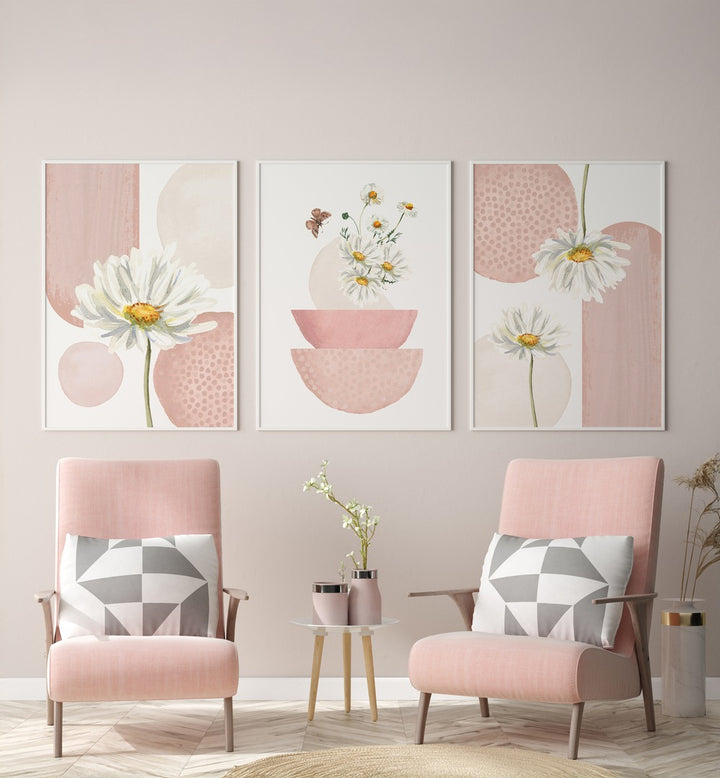 DAISIES ON PINK SET , SET OF 3 PAINTINGS