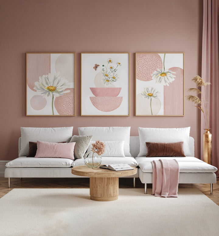 DAISIES ON PINK SET , SET OF 3 PAINTINGS
