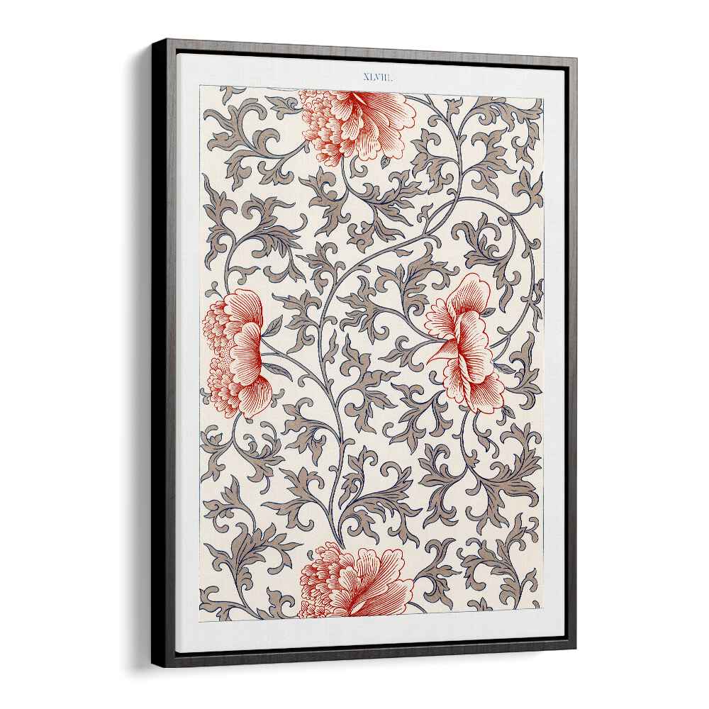 Damask Floral  Botanical Flower Paintings Artwork  in Black Floater Frame