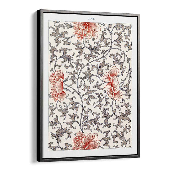 Damask Floral  Botanical Flower Paintings Artwork  in Black Floater Frame