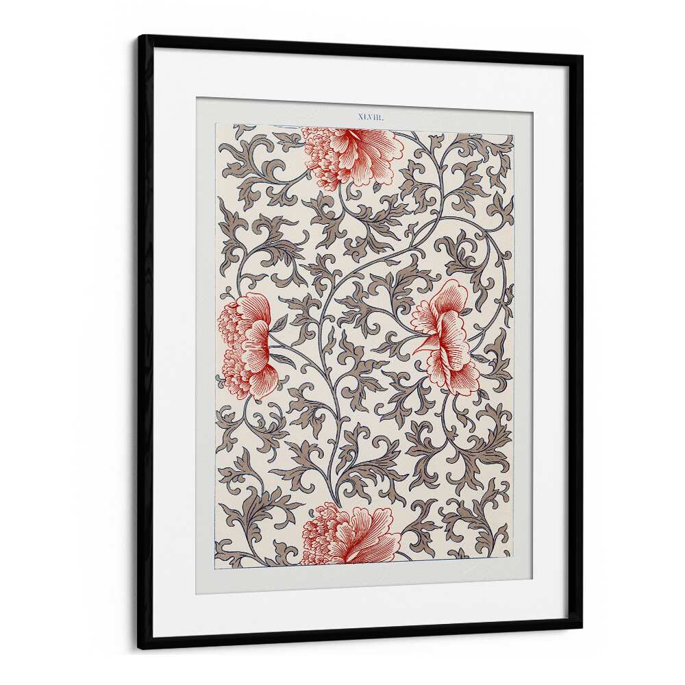 Damask Floral  Botanical Flower Paintings Artwork  in Black Frame With Moun