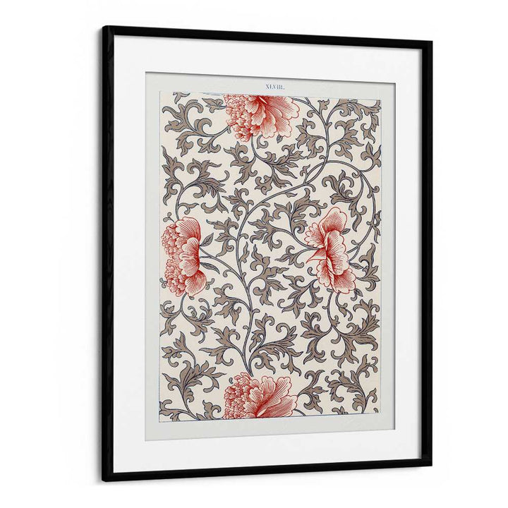 Damask Floral  Botanical Flower Paintings Artwork  in Black Frame With Moun