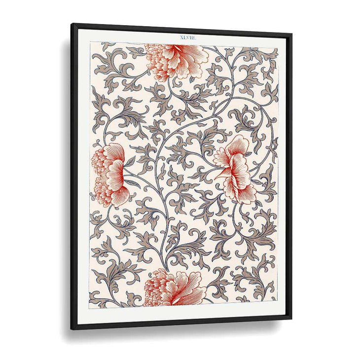 Damask Floral  Botanical Flower Paintings Artwork  in Black Plain Frame