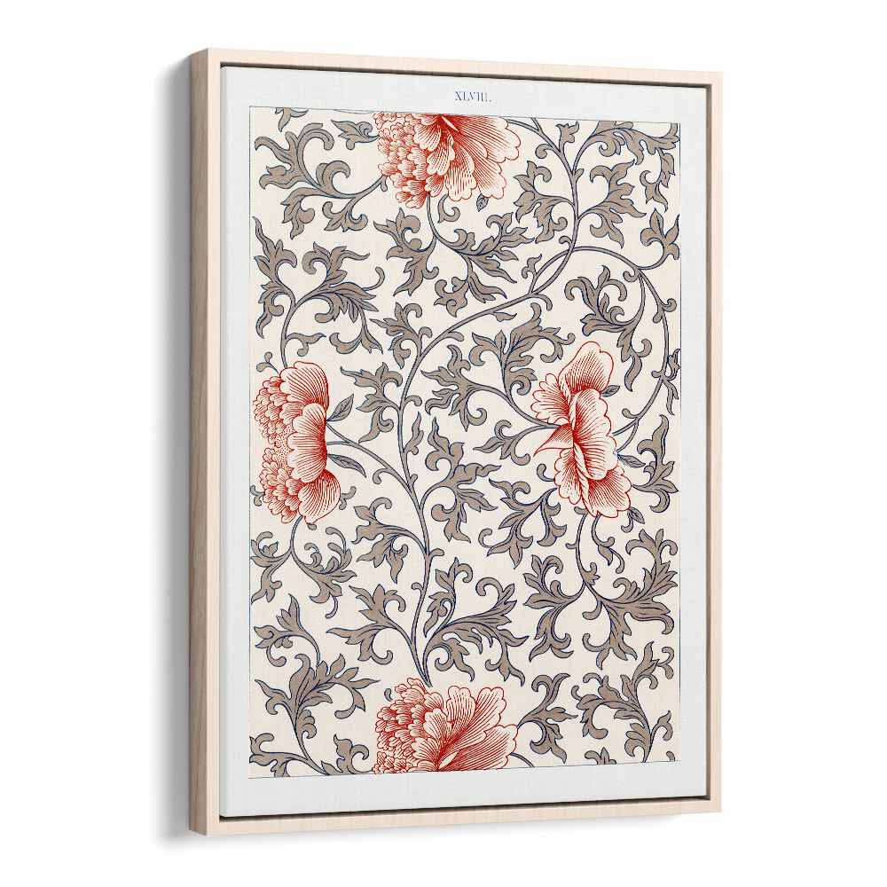 Damask Floral  Botanical Flower Paintings Artwork in Oak Wood Floater Frame